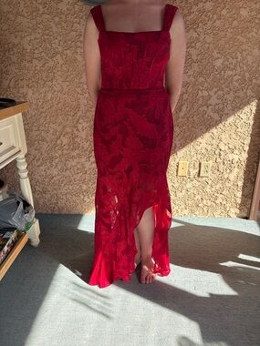 Azazie Red Lace High-Low Evening Gown